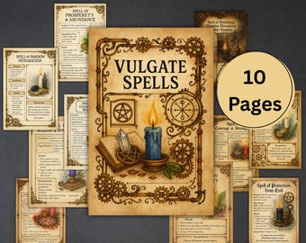 May include: A collection of vintage-style spell pages with the title "VULGATE SPELLS" and the text "10 Pages". The central page features a candle, open book, and crystal. Other pages detail spells like "Prosperity & Abundance" and "Shadow Integration".