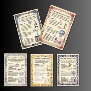 Pode incluir: Uma cole&ccedil;&atilde;o de cinco cart&otilde;es decorativos com texto manuscrito e ilustra&ccedil;&otilde;es. Os cart&otilde;es apresentam receitas para pr&aacute;ticas espirituais, incluindo "Storm Water Reset", "Heart Space", "Lunar Peace", "Solar Flare" e "Psychic Shield".