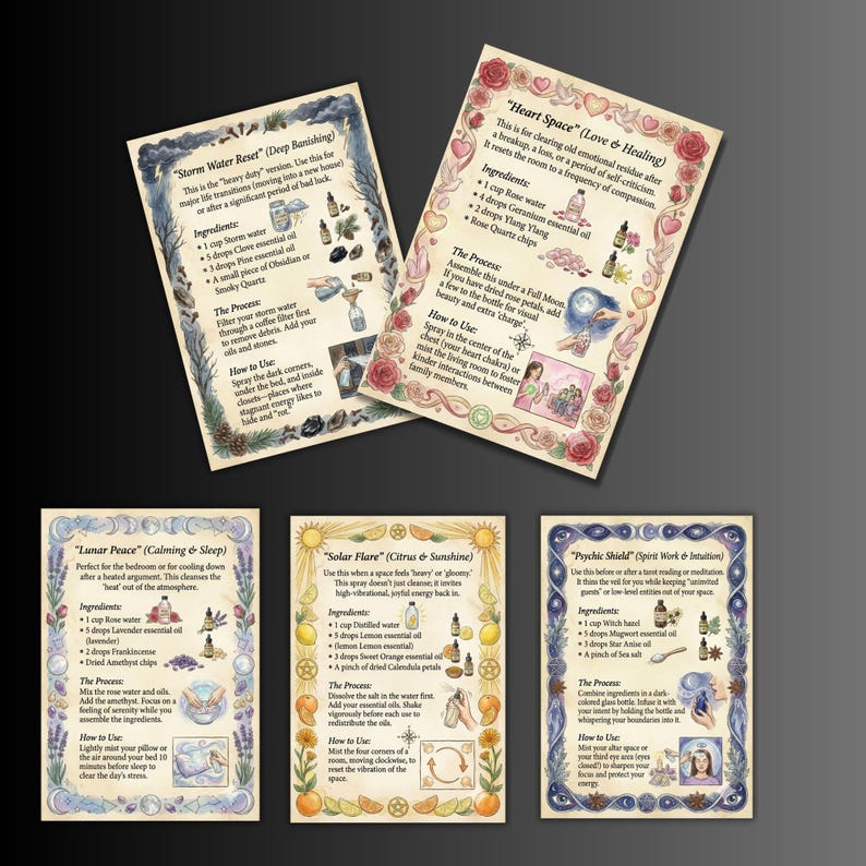 Pode incluir: Uma cole&ccedil;&atilde;o de cinco cart&otilde;es decorativos com texto manuscrito e ilustra&ccedil;&otilde;es. Os cart&otilde;es apresentam receitas para pr&aacute;ticas espirituais, incluindo "Storm Water Reset", "Heart Space", "Lunar Peace", "Solar Flare" e "Psychic Shield".