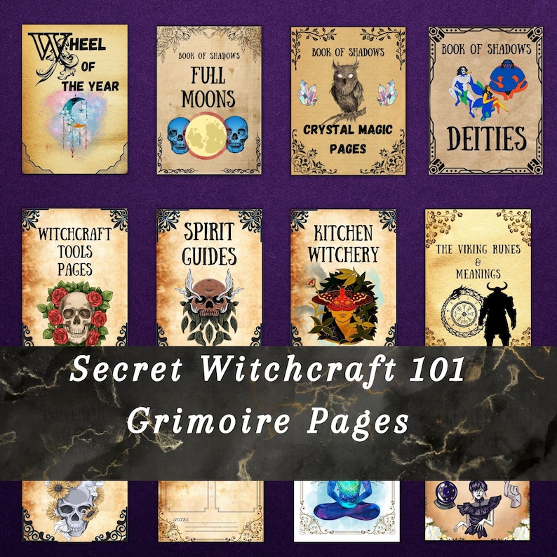 Pu&ograve; includere: Una collezione di pagine di grimorio stampabili per la stregoneria, con illustrazioni di teschi, lune, cristalli e rune. Le pagine sono intitolate "Ruota dell'anno", "Lune piene", "Pagine di magia dei cristalli", "Divinit&agrave;", "Pagine degli strumenti della stregoneria", "Guide spirituali", "Stregoneria in cucina", "Le rune vichinghe e i loro significati".