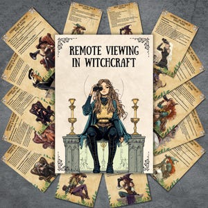 Puede incluir: Ilustración "Remote Viewing in Witchcraft" con una mujer con prismáticos, rodeada de cartas con ilustraciones de brujas y texto. La imagen central está flanqueada por candelabros.