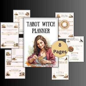 May include: A tarot witch planner with 8 pages, featuring a woman reading tarot cards. The cover reads "Tarot Witch Planner" in bold black letters. The pages include layouts for tracking spreads, outcomes, and readings, with illustrations of candles and mystical symbols.