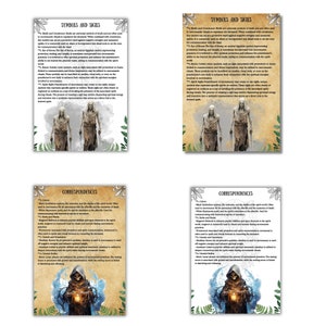 May include: Four cards with a vintage parchment background and ornate borders. Each card features a skeletal figure with a scythe and a lantern. The cards contain text about symbols and seals, correspondences, and the spirit world.