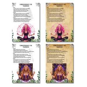 May include: Four printable cards with a vintage aesthetic featuring illustrations of women in various poses. Each card has a title "Correspondences for Telekinesis" and lists various herbs, symbols, and deities associated with telekinesis.