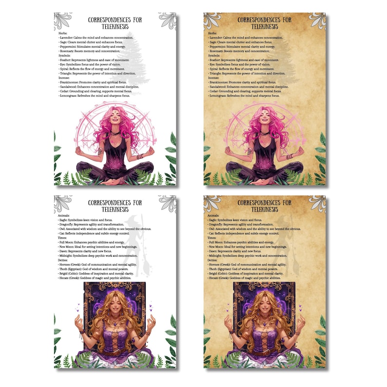 May include: Four printable cards with a vintage aesthetic featuring illustrations of women in various poses. Each card has a title "Correspondences for Telekinesis" and lists various herbs, symbols, and deities associated with telekinesis.