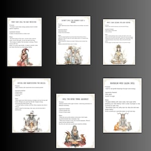 May include: Six illustrated cards with text, featuring spells for protection, sleep, good fortune, success, divine timing, and lunar energy. Each card has a unique illustration of a mystical figure.
