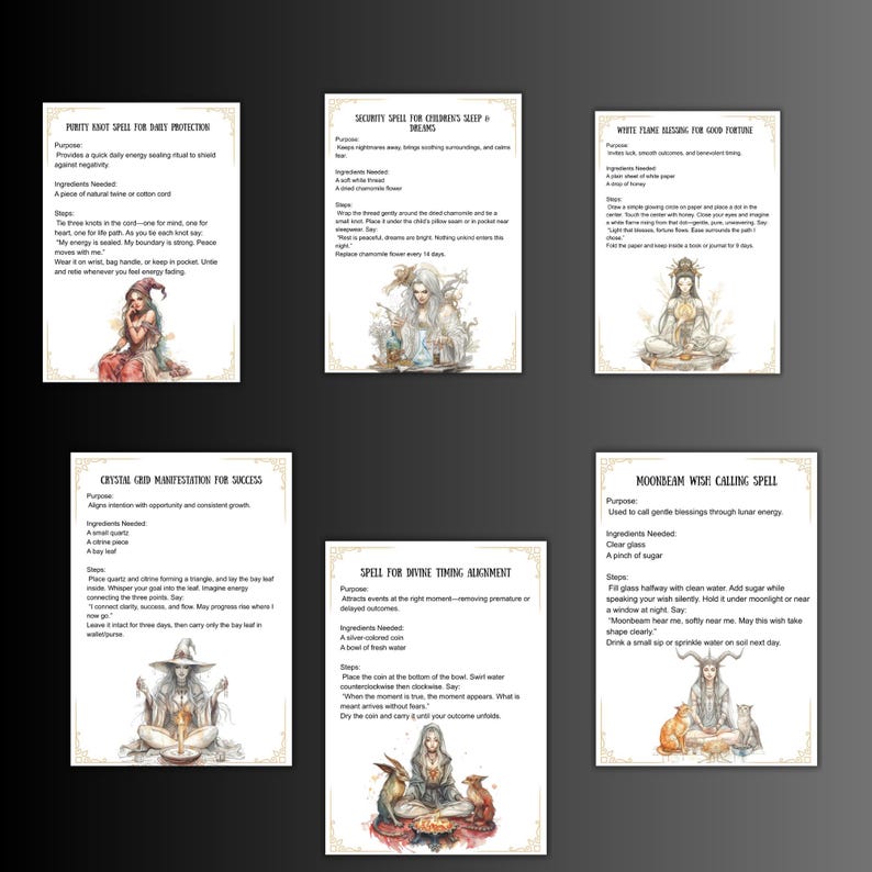 May include: Six illustrated cards with text, featuring spells for protection, sleep, good fortune, success, divine timing, and lunar energy. Each card has a unique illustration of a mystical figure.