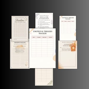 May include: A collection of printable journal pages with a beige and watercolor design. The pages include titles such as "Shadow Work Progress Chart," "Emotional Triggers Tracker," and "Shadow Healing." The pages are designed for self-reflection.