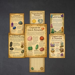 Peut inclure: Plusieurs affiches de style vintage avec des informations sur les cristaux. Les affiches traitent de sujets tels que le d&eacute;veloppement psychique, la recharge des cristaux, la magie des cristaux, l'amour et l'attraction, la protection et les soins des cristaux.