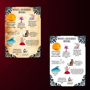 Pu&ograve; includere: Una guida illustrata in stile vintage ai rituali delle streghe. La guida presenta un tramonto, una luna, un albero, un gatto, un libro e l'oceano. Il testo include "Witch's Cheatsheet Rituals", "Sunrise and Sunset wakes your magical powers. Sunlight cleanses your energy", "Hugging a tree or standing with back against a tree for 5 minutes, grounds your energy", "Frequently gazing the Moon, grows your Natural Magic, your intuition and charges your aura", "Watching the stars for 2 minutes expands your consciousness", "Playing with a cat distracts evil spirits and helps you fortify your spirit defense", "The seas and the ocean break curses", "Reading a book 20 minutes before sleep enhances your dream magic".