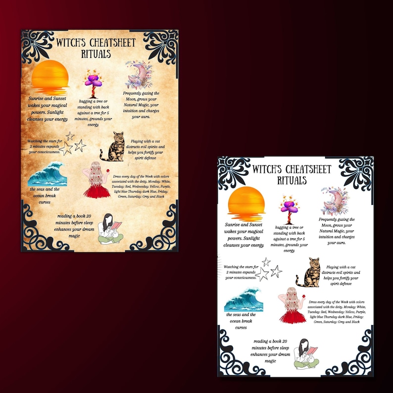 Pu&ograve; includere: Una guida illustrata in stile vintage ai rituali delle streghe. La guida presenta un tramonto, una luna, un albero, un gatto, un libro e l'oceano. Il testo include "Witch's Cheatsheet Rituals", "Sunrise and Sunset wakes your magical powers. Sunlight cleanses your energy", "Hugging a tree or standing with back against a tree for 5 minutes, grounds your energy", "Frequently gazing the Moon, grows your Natural Magic, your intuition and charges your aura", "Watching the stars for 2 minutes expands your consciousness", "Playing with a cat distracts evil spirits and helps you fortify your spirit defense", "The seas and the ocean break curses", "Reading a book 20 minutes before sleep enhances your dream magic".