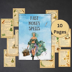 Puede incluir: Un conjunto de 10 páginas de hechizos, con una imagen central que dice "Fast Money Spells". La obra de arte presenta a una mujer con cabello turquesa y un vestido verde fluido. Tarjetas más pequeñas con instrucciones de hechizos rodean la imagen principal.