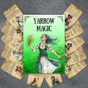 May include: A set of 12 printable cards with illustrations of a woman in a green dress holding yarrow flowers. The cards have a vintage parchment background and feature the text "Yarrow Magic".