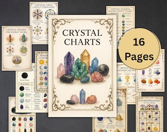 Crystal Charts Grimoire pages, Crystal printable, lists, Crystal witchcraft, spells, rituals, crystal Magic Guide, Witchy Journal
