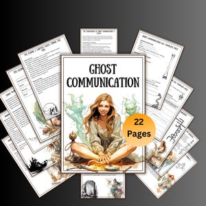 Peut inclure: Plusieurs pages illustrées avec le titre "Ghost Communication". L'image centrale représente une femme entourée de figures éthérées. Le texte "22 Pages" est visible. D'autres pages contiennent du texte et des illustrations sur la communication spirituelle.