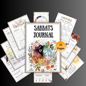 以下が含まれることがあります： 11ページのSabbats Journal。中央の表紙には「Sabbats Journal」のタイトルとカラフルな一年の輪のイラストが描かれ、その周囲には花柄や季節のアイコン、書き込み用のセクションが配置された様々なプランナーシートが並んでいます。