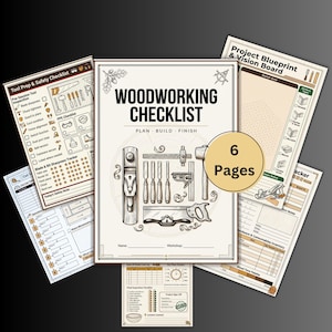 May include: A set of six woodworking checklist pages. The central page features the text "Woodworking Checklist" and illustrations of tools. Other pages include checklists for tool prep, safety, and project planning. The pages are beige with black text and illustrations.