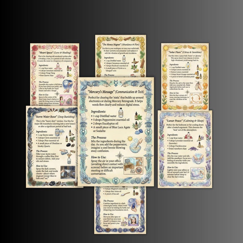 Pode incluir: Um conjunto de sete cart&otilde;es decorativos ilustrados com t&iacute;tulos como "Heart Space" e "Mercury's Message". Os cart&otilde;es apresentam texto e imagens relacionadas com aromaterapia e pr&aacute;ticas espirituais, com bordas decorativas.