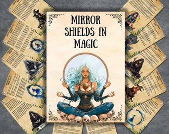 May include: A printable guide to mirror shields in magic, featuring a woman with blue hair meditating on a pile of skulls. The guide includes instructions for various spells and rituals.
