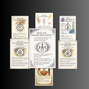 Może przedstawiać: Zestaw ośmiu kart z sigilami i tekstem, w tym "Sigil of Harm Repulsion" i "Sigil of Negative Influence Removal". Karty mają tło przypominające pergamin z czarno-białymi ilustracjami i opisami tekstowymi.