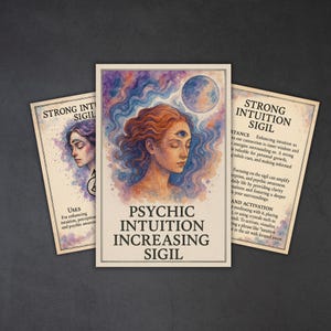 Puede incluir: Tres tarjetas con ilustraciones de acuarela y texto. La tarjeta central dice "PSYCHIC INTUITION INCREASING SIGIL" con un retrato de una mujer con un tercer ojo. Las otras tarjetas dicen "STRONG INTUITION SIGIL" con texto adicional.