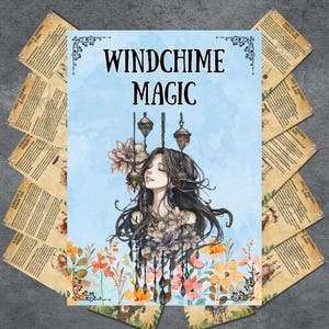 Pode incluir: Uma ilustração azul e branca de uma mulher com cabelo comprido e escuro em pé em um campo de flores. Ela está cercada por um carrilhão de vento com cristais pendurados. O texto "WINDCHIME MAGIC" está no topo da imagem.