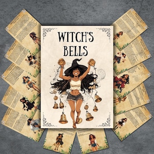 Peut inclure: L'image centrale affiche "Witch's Bells" avec une femme souriante portant un chapeau de sorcière et tenant des cloches. De petites cartes avec des illustrations de sorcières et du texte entourent l'image principale. Le thème est lié à la sorcellerie.
