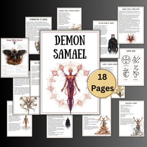 Puede incluir: Una colección de 18 páginas con ilustraciones y texto sobre el demonio Samael. La imagen central muestra una figura esquelética con los brazos extendidos, rodeada por un diseño circular. El texto incluye "Demon Samael" y "Samael Work Record".
