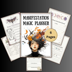 Puede incluir: Un "Manifestation Magic Planner" con un retrato de mujer en la portada, rodeado de páginas con texto e ilustraciones. El texto de la portada dice "Manifestation Magic Planner" y "6 Pages". El planificador incluye secciones para el trabajo de sombras, tableros de intención y seguimiento de rituales.