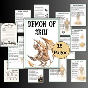 Puede incluir: Un conjunto de 15 páginas con ilustraciones y texto. La imagen central muestra un demonio alado y con cuernos leyendo un libro, con el título "Demon of Skill". Otras páginas contienen diagramas y texto.