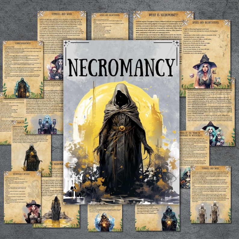 May include: A vintage-style illustration of a hooded figure standing in front of a large, yellow moon. The image is surrounded by text panels with information about necromancy, including its history, symbols, and rituals. The text panels are in a parchment-like style with a brown background and black text.