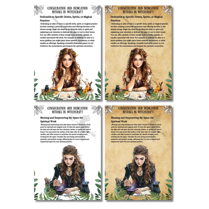 May include: Four printed cards with text about witchcraft rituals. Each card features a watercolor illustration of a woman with long brown hair. The text includes titles like "Consecration and Dedication Rituals in Witchcraft" and "Dedication to Specific Deities, Spirits, or Magical Practices."