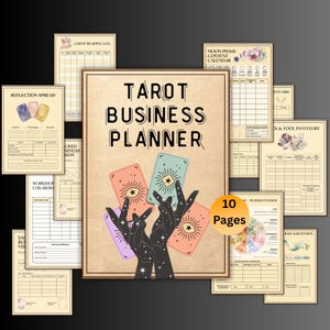 Puede incluir: Un planificador de negocios de tarot con portada beige, manos negras sosteniendo cartas de tarot y el texto Tarot Business Planner. El conjunto incluye 10 páginas con varias plantillas de seguimiento empresarial, incluyendo un registro de lecturas y un calendario lunar.
