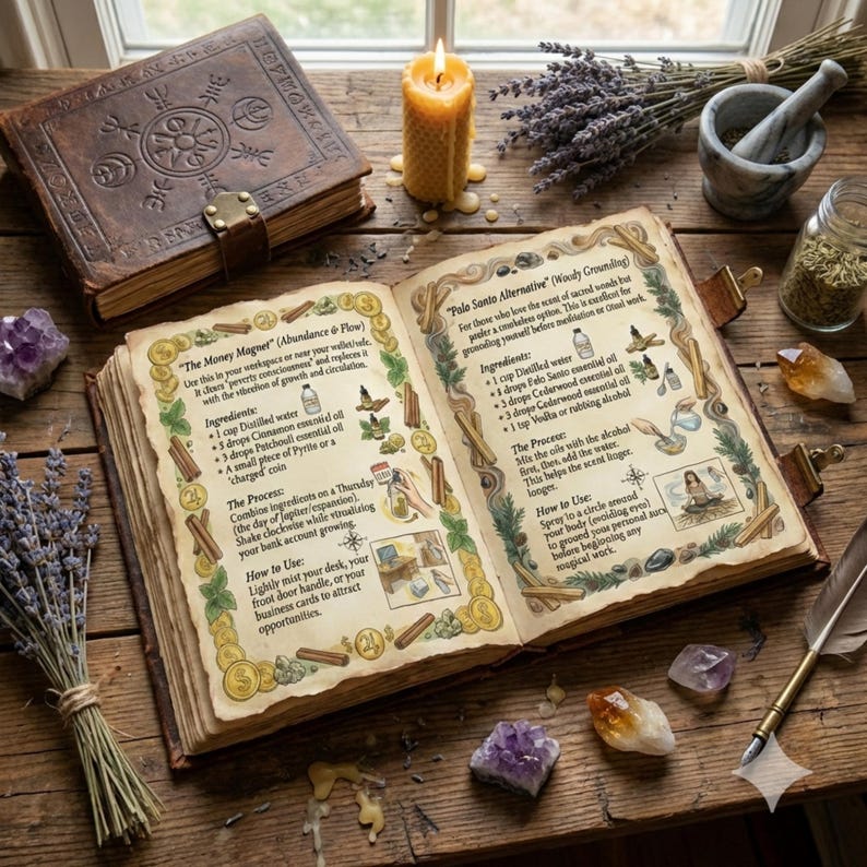 Pode incluir: Um livro aberto em estilo antigo com texto manuscrito e ilustra&ccedil;&otilde;es, com receitas para atrair abund&acirc;ncia e enraizamento. Uma vela acesa, cristais e ervas secas circundam o livro sobre uma superf&iacute;cie de madeira. O livro &eacute; encadernado em couro castanho.