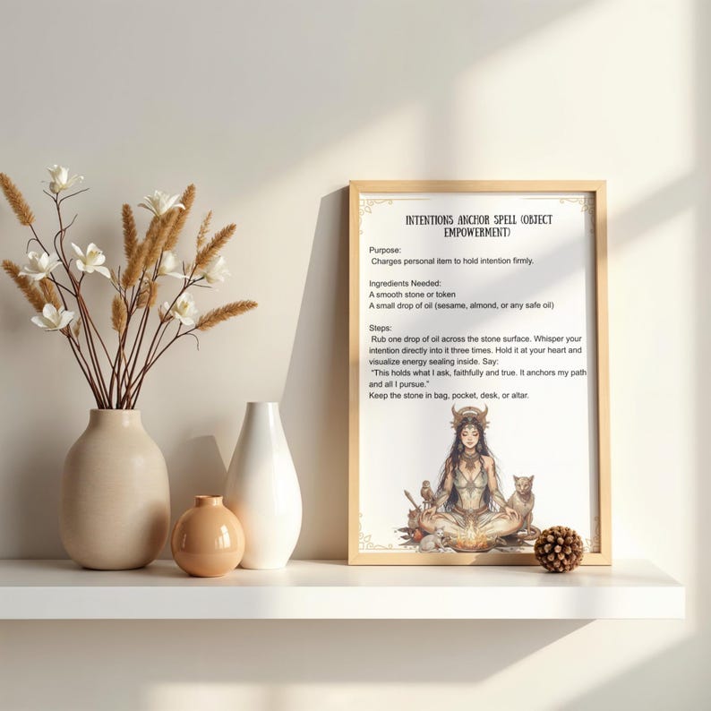 May include: A framed print with the text "INTENTIONS ANCHOR SPELL (OBJECT EMPOWERMENT)" and instructions. The print is on a white shelf with vases and a decorative pinecone. The print has a gold frame.