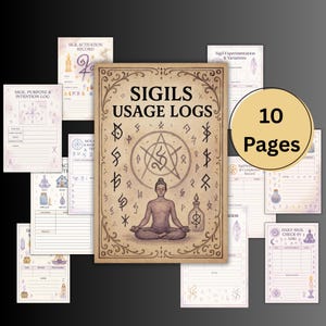 May include: A set of 10-page sigil usage logs. The main log displays "SIGILS USAGE LOGS" with rune illustrations, a meditating figure, and a bottle. Other logs include "SIGIL PURPOSE & INTENTION LOG" and "SIGIL ACTIVATION RECORD".