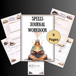 May include: A "Spells Journal Workbook" with 6 pages, featuring a wizard reading a book. The cover has the title in large, bold letters. Additional pages include spell ideas, personal favorites, and other prompts. The design incorporates mystical elements.