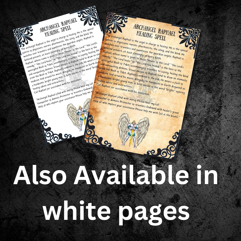Op de afbeelding: Twee vintage-stijl printbare pagina's met een witte achtergrond en zwarte tekst. De pagina's bevatten een illustratie van de aartsengel Raphael, een genezingsbetover en de tekst "Archangel Raphael Healing Spell".