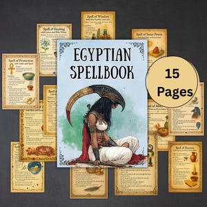 May include: An Egyptian Spellbook with 15 pages, featuring illustrations of spells and rituals. The cover displays the title and an image of a woman in traditional attire. Several cards with spell instructions surround the book.