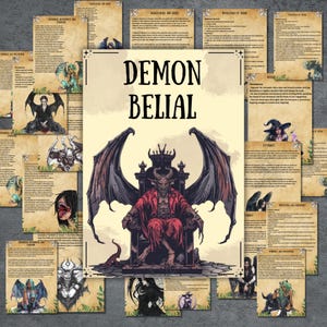 May include: A fantasy-themed illustration featuring a demon seated on a throne, with the text "DEMON BELIAL" above. Surrounding the central image are several pages with text and illustrations, suggesting a role-playing game or similar theme.