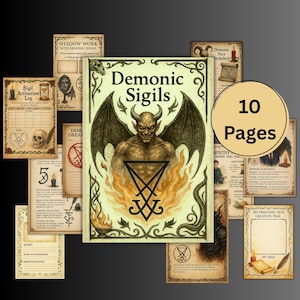 May include: A collection of occult-themed pages and a book titled "Demonic Sigils." The book cover features a horned demon with bat wings and a pentagram. The pages include text, illustrations, and the text "10 Pages."