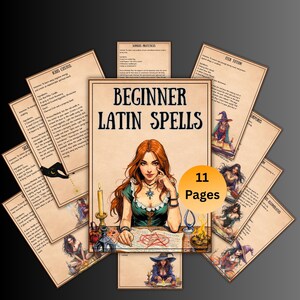 Puede incluir: Imagen de un libro central titulado "Beginner Latin Spells" rodeado de otras páginas con ilustraciones y texto. El libro central presenta a una mujer. La imagen tiene un tema místico con una paleta de colores oscuros.