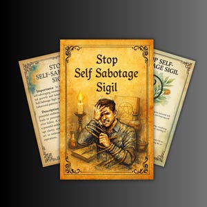 May include: Three vintage-style cards with the text "Stop Self Sabotage Sigil" and illustrations. The central card depicts a man bound with rope, a candle, and a pentagram. The other cards have text about self-sabotage.