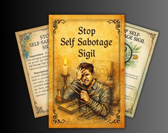 May include: Three vintage-style cards with the text "Stop Self Sabotage Sigil" and illustrations. The central card depicts a man bound with rope, a candle, and a pentagram. The other cards have text about self-sabotage.
