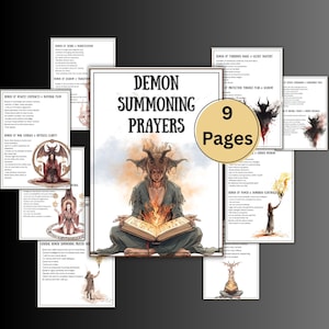 Pode incluir: Um conjunto de nove páginas com ilustrações e texto, intitulado "Demon Summoning Prayers". A imagem central mostra uma figura com chifres lendo um livro com chamas. As páginas circundantes apresentam vários temas e invocações demoníacas.