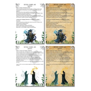 Puede incluir: Cuatro tarjetas imprimibles con instrucciones sobre c&oacute;mo crear y cargar talismanes y bolsitas de protecci&oacute;n. Cada tarjeta presenta una ilustraci&oacute;n diferente de un mago o una figura m&aacute;gica. El texto en las tarjetas incluye las palabras "Encantos de defensa y bolsitas".