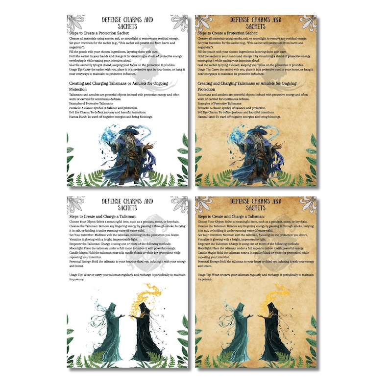 Puede incluir: Cuatro tarjetas imprimibles con instrucciones sobre c&oacute;mo crear y cargar talismanes y bolsitas de protecci&oacute;n. Cada tarjeta presenta una ilustraci&oacute;n diferente de un mago o una figura m&aacute;gica. El texto en las tarjetas incluye las palabras "Encantos de defensa y bolsitas".