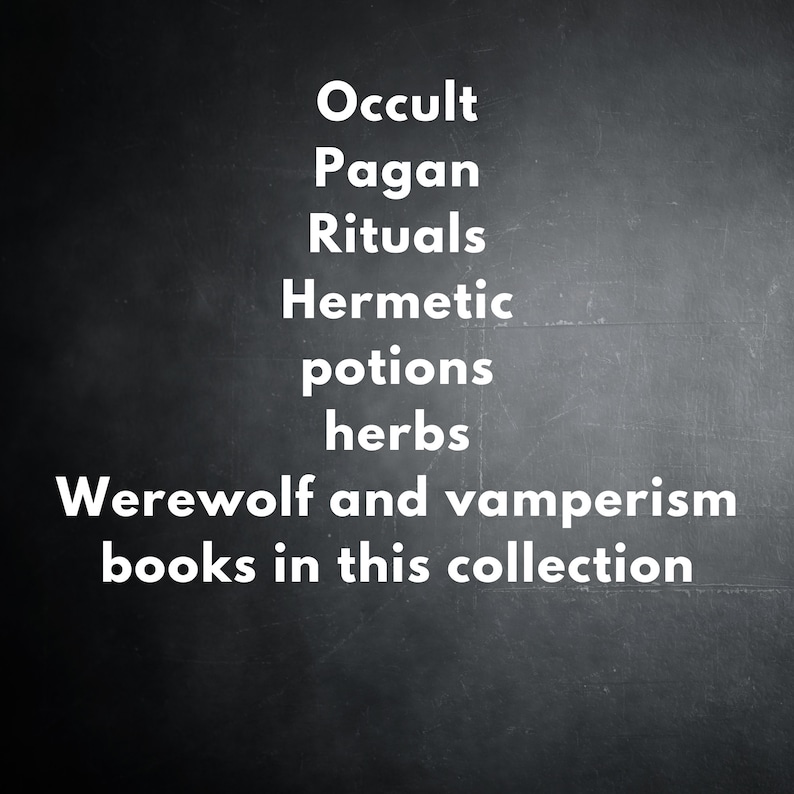 May include: Blackboard with white text listing topics related to occult and witchcraft, including "Occult", "Pagan", "Rituals", "Hermetic", "potions", "herbs", "Werewolf and vampirism", and "books in this collection".