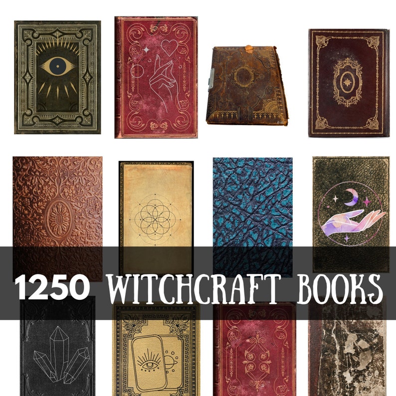 May include: A collection of 1250 vintage-style books with various designs and textures. The books feature illustrations of eyes, hands, moons, and geometric patterns. The covers are in shades of brown, red, green, and blue.