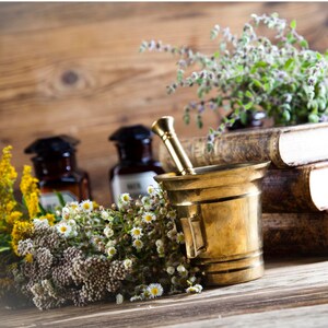 Puede incluir: Un mortero y un pil&oacute;n de lat&oacute;n con una base de madera, rodeado de hierbas y flores secas. Dos botellas de vidrio con l&iacute;quido marr&oacute;n est&aacute;n en el fondo.
